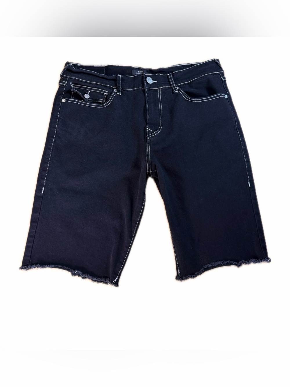 True Religion Ricky Flap Black Short Fray Hem Denim Short Contrast Stitching 34
